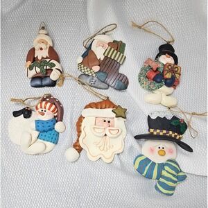VTG CMI Henton Christmas Ornaments Set 6 Santa Snowman Folk Art Hand Painted